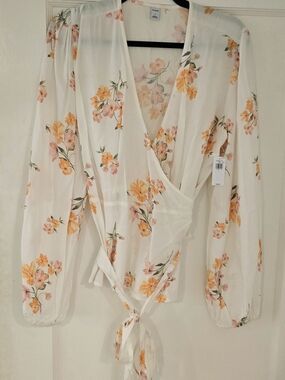 Old Navy Floral Wrap Blouse - White with Peach Blossom Print